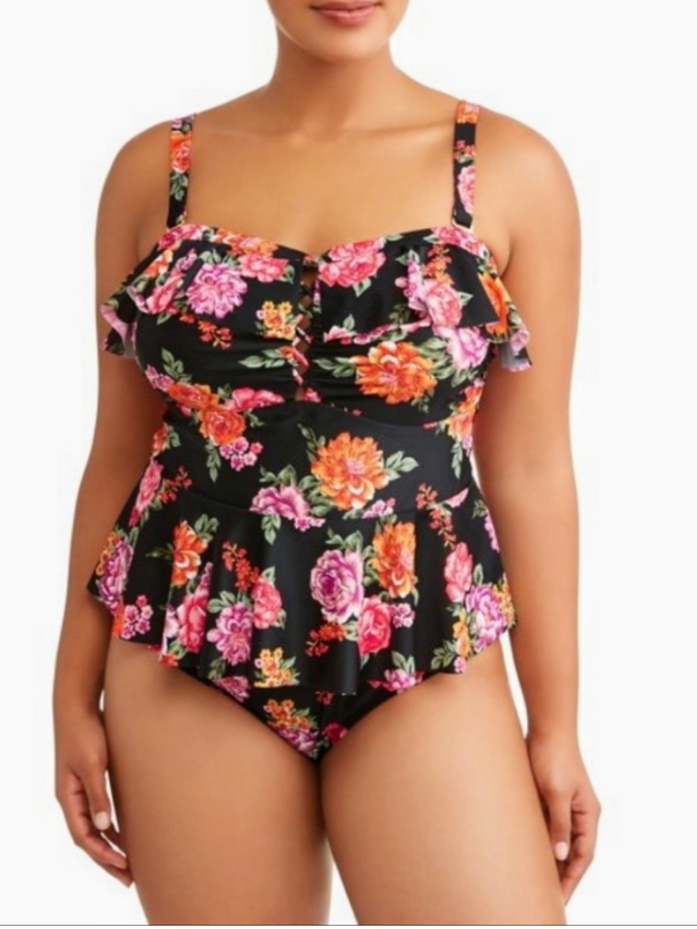 ❤️ 🆕 TERRA & SKY Floral Ruffle One-Piece Swimsuit size 2X